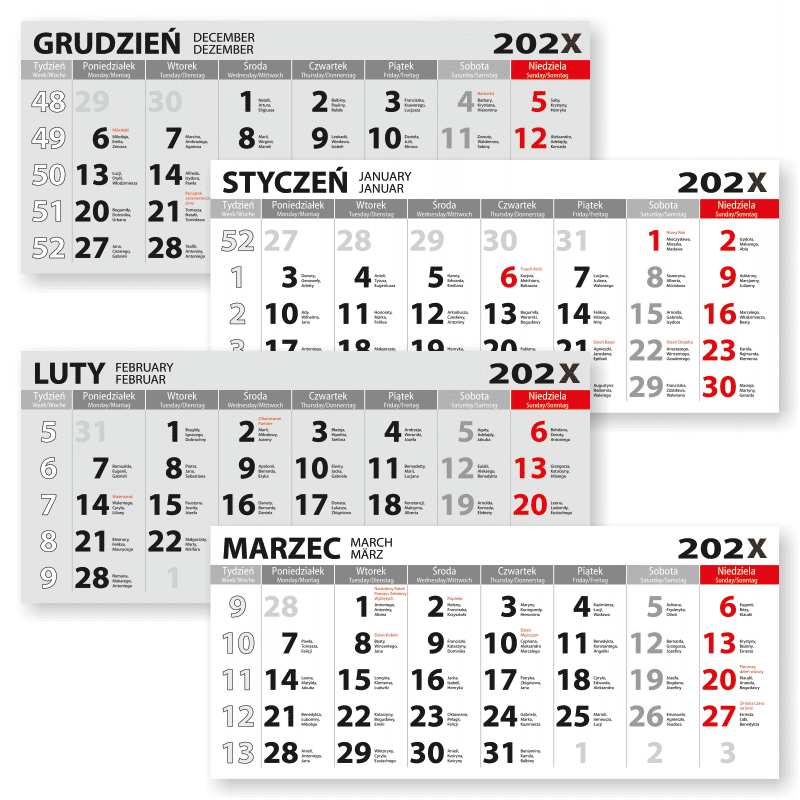 En tydlig fyrdelad kalender med namnsdagar och beskrivningar av viktiga dagar på året.